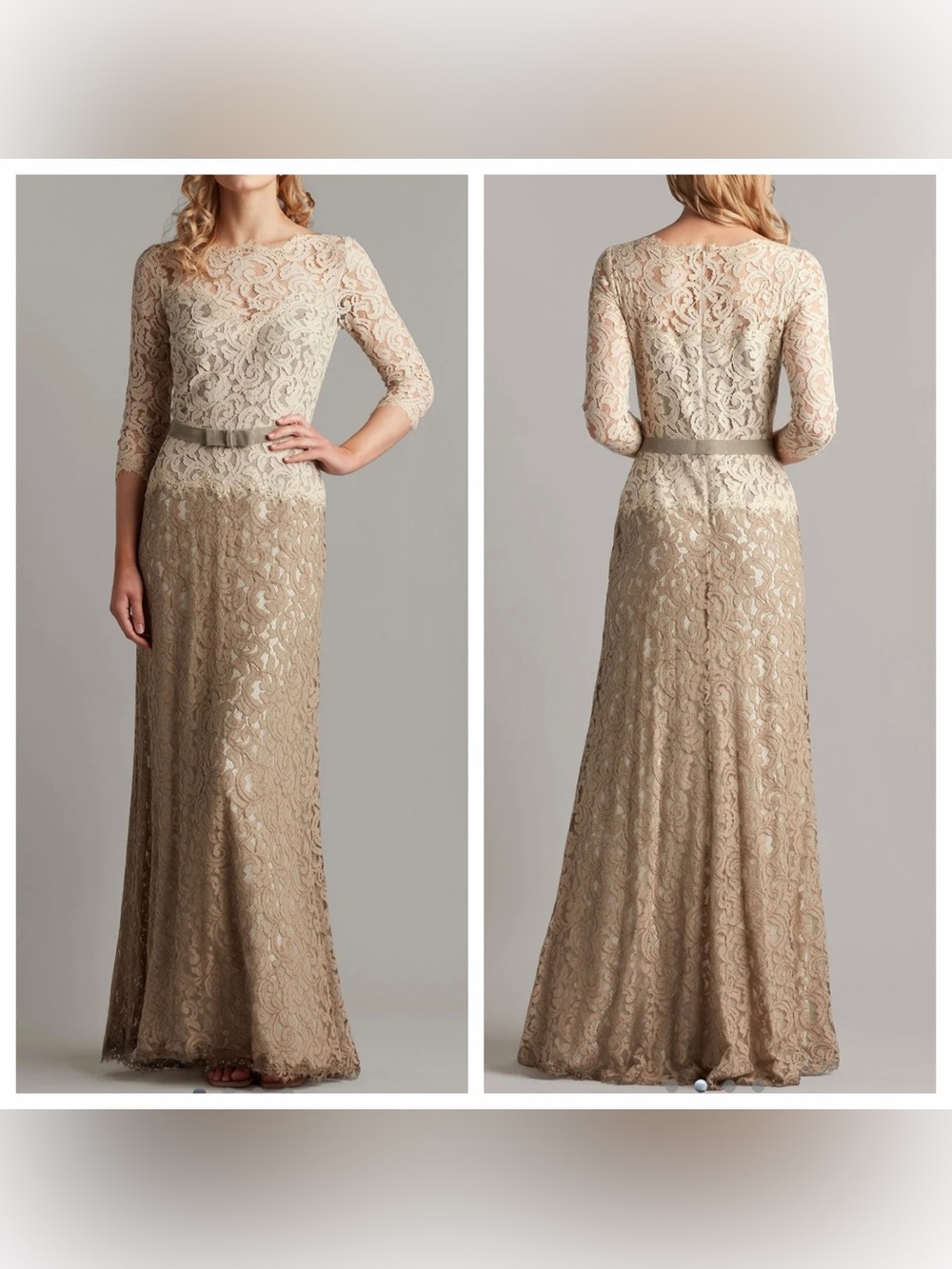 Tadashi Shoji Amberly Lace 3/4 Sleeve Tan Gown size 6